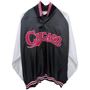 Vintage Chicago Script Jacket Mens XL Weekend USA Satin Bomber Black Red